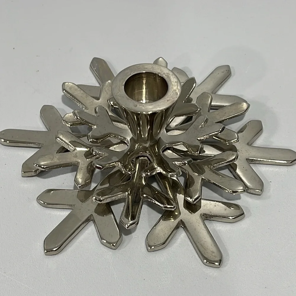 Crate & Barrel Silver Shiny Snowflake Taper Candle Holder